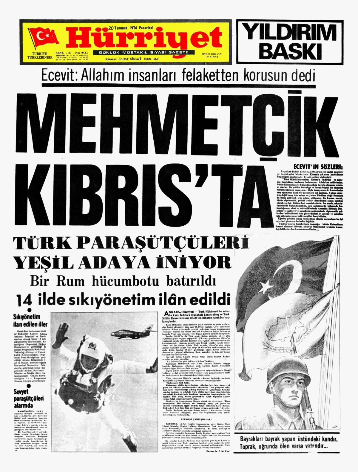 20 Temmuz 1974’te Türk Ordusu tarafından Kıbrıs'a Barış Harekâtı gerçekleştirildi